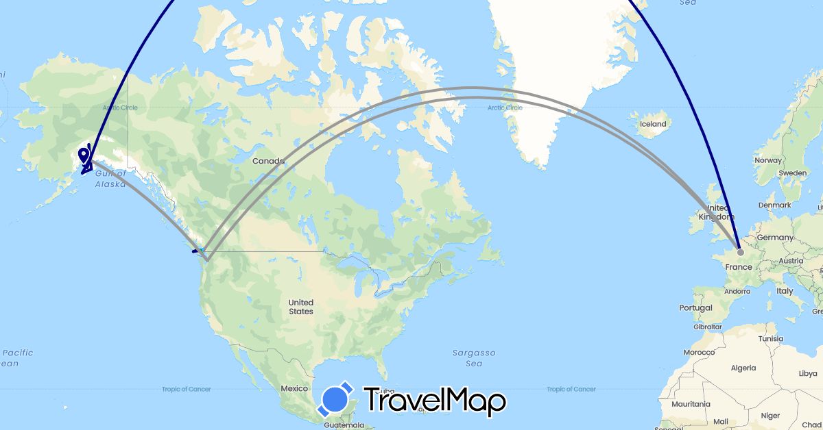 TravelMap itinerary: driving, bus, plane, hiking, boat in Canada, France, United States (Europe, North America)